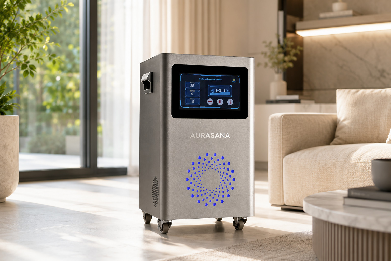 Generator wodoru AURASANA w nowoczesnym, jasnym salonie