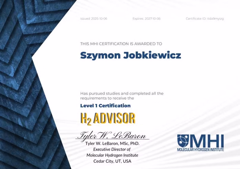 Certyfikat H₂ Advisor (Level 1) Szymona Jobkiewicza wydany przez Molecular Hydrogen Institute